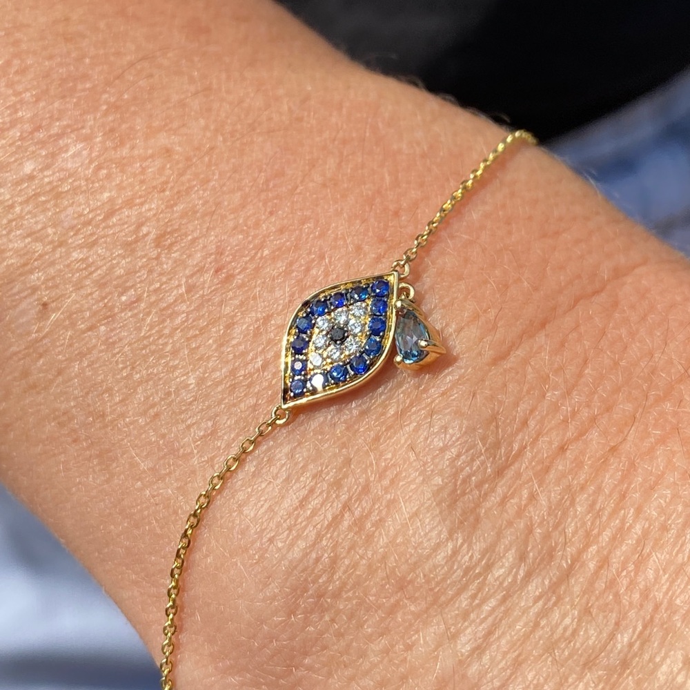 London Blue Topaz Sapphire Black and White Diamond Link Bracelet 14-k YellowGold